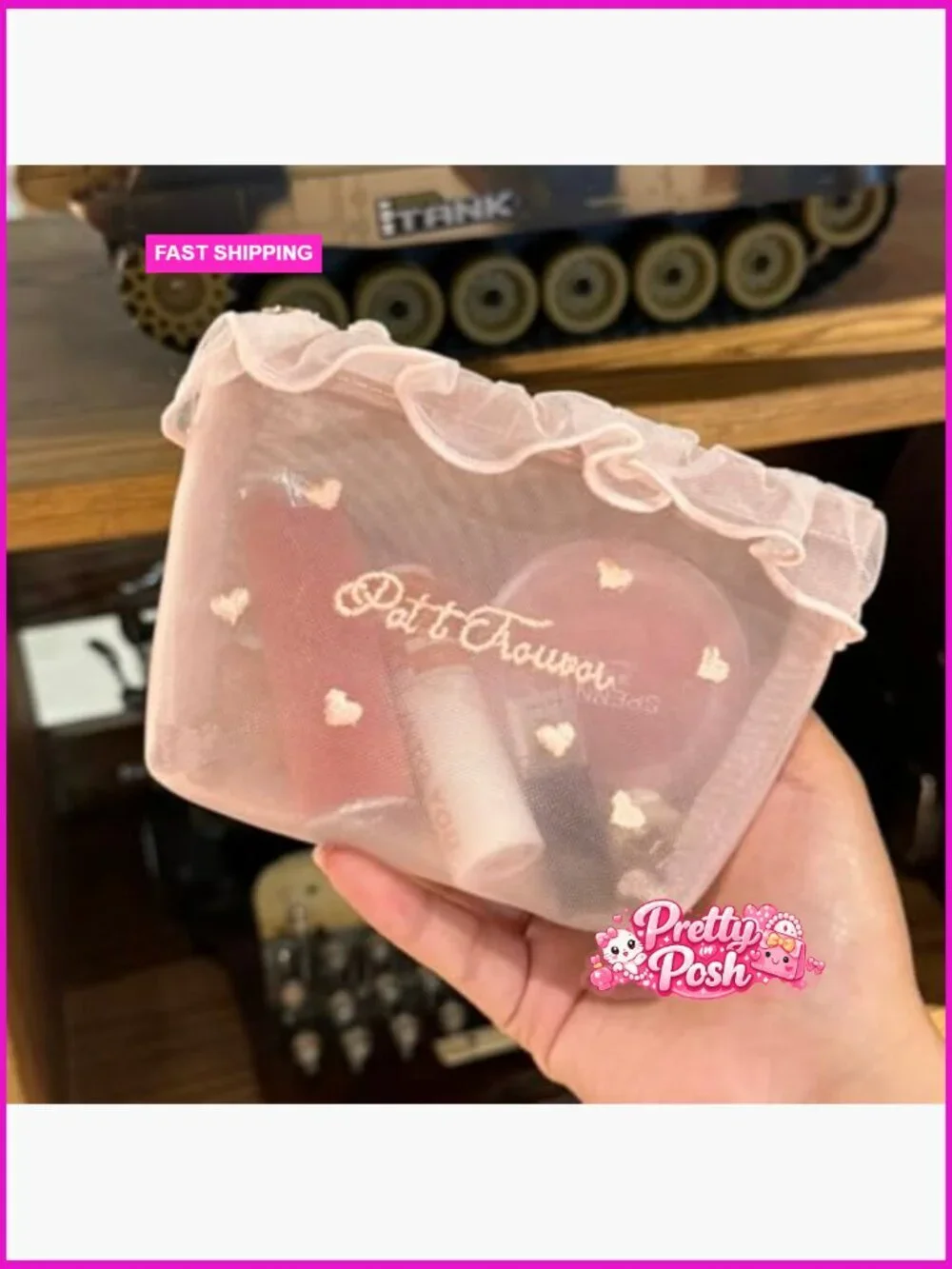 Mesh Makeup Bag with Heart Embroidery and Lace Ruffle Design